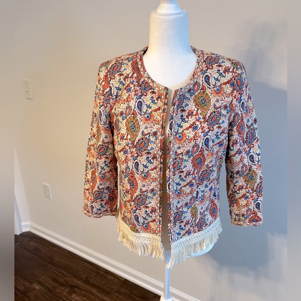 Queenie Paris Paisley Quilted Fringe Bohemian Blazer Women T2 Orange EUC